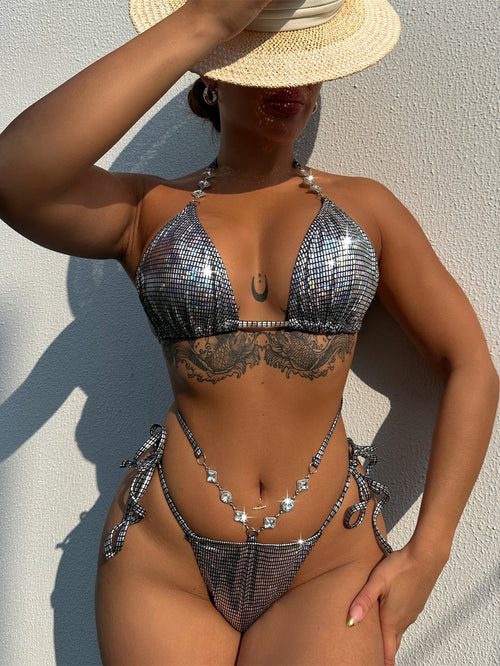 Bikini Solid Color Swimsuit Backless Swimwear Women Tied Swimsuit Sexy Bikini